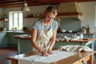 Femme mesurant une table en bois rustique avec un mètre ruban pour réaliser une nappe en tissu coton enduit sur mesure