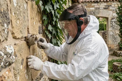 Professionnel en combinaison de protection inspectant un nid de guêpes dans une fissure de mur en pierre