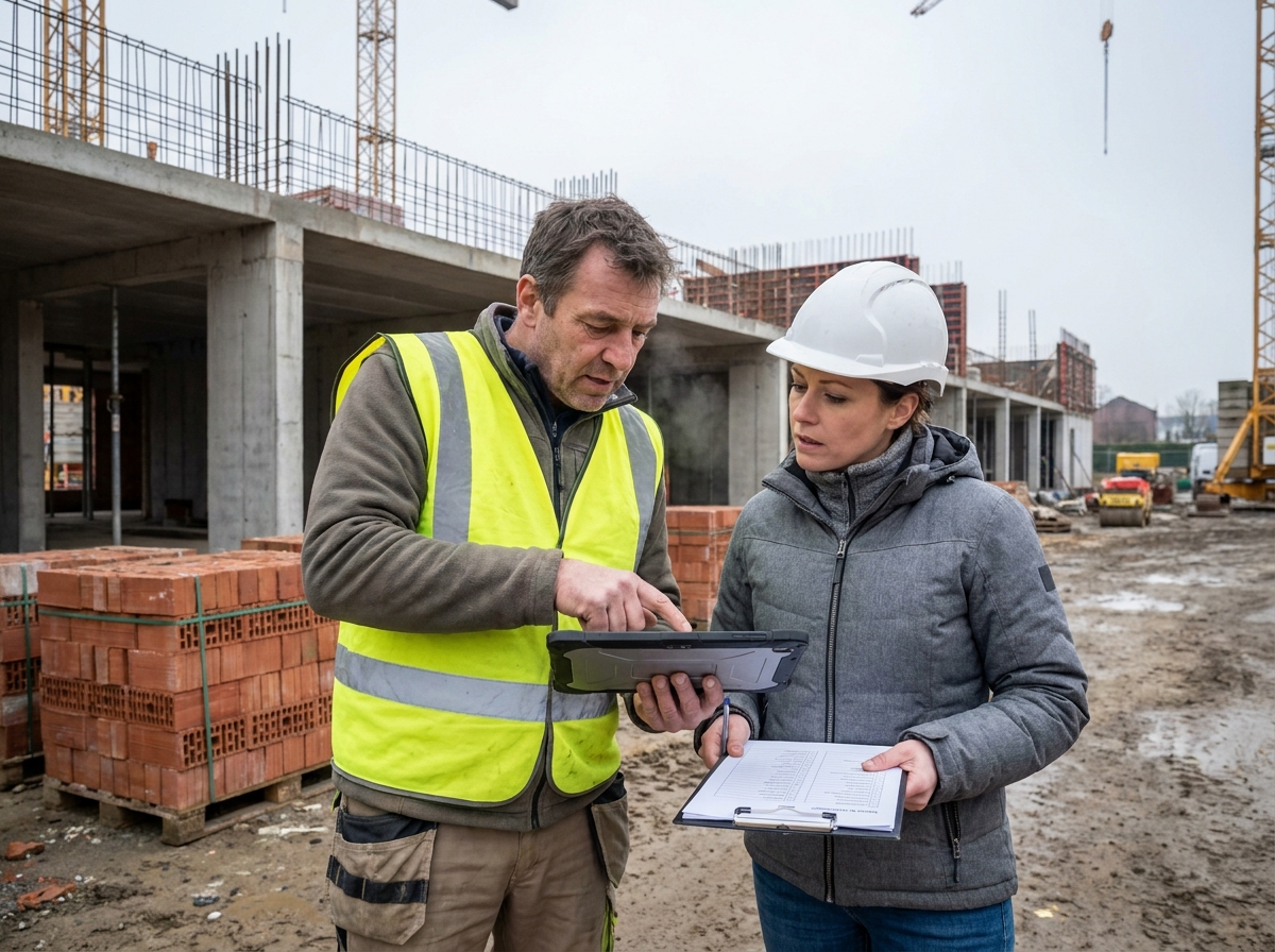 Deux professionnels du bâtiment discutent de devis comparatifs sur un chantier de construction en Belgique