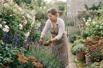 Jardinière prolongeant la floraison en sélectionnant des plantes complémentaires dans un jardin de cottage