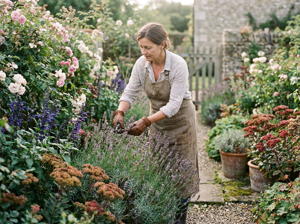 Jardinière prolongeant la floraison en sélectionnant des plantes complémentaires dans un jardin de cottage