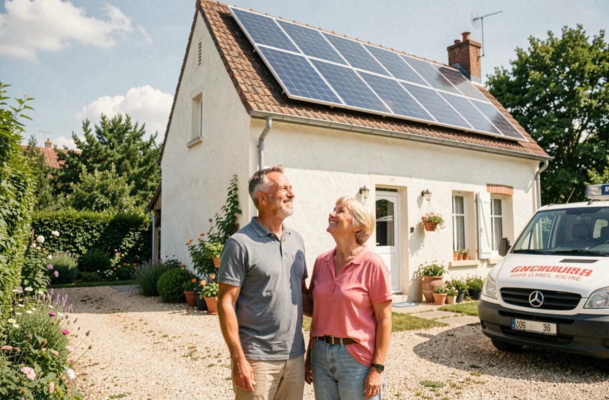 Couple de propriétaires français satisfaits devant leur maison équipée d'un chauffe-eau solaire 200 litres