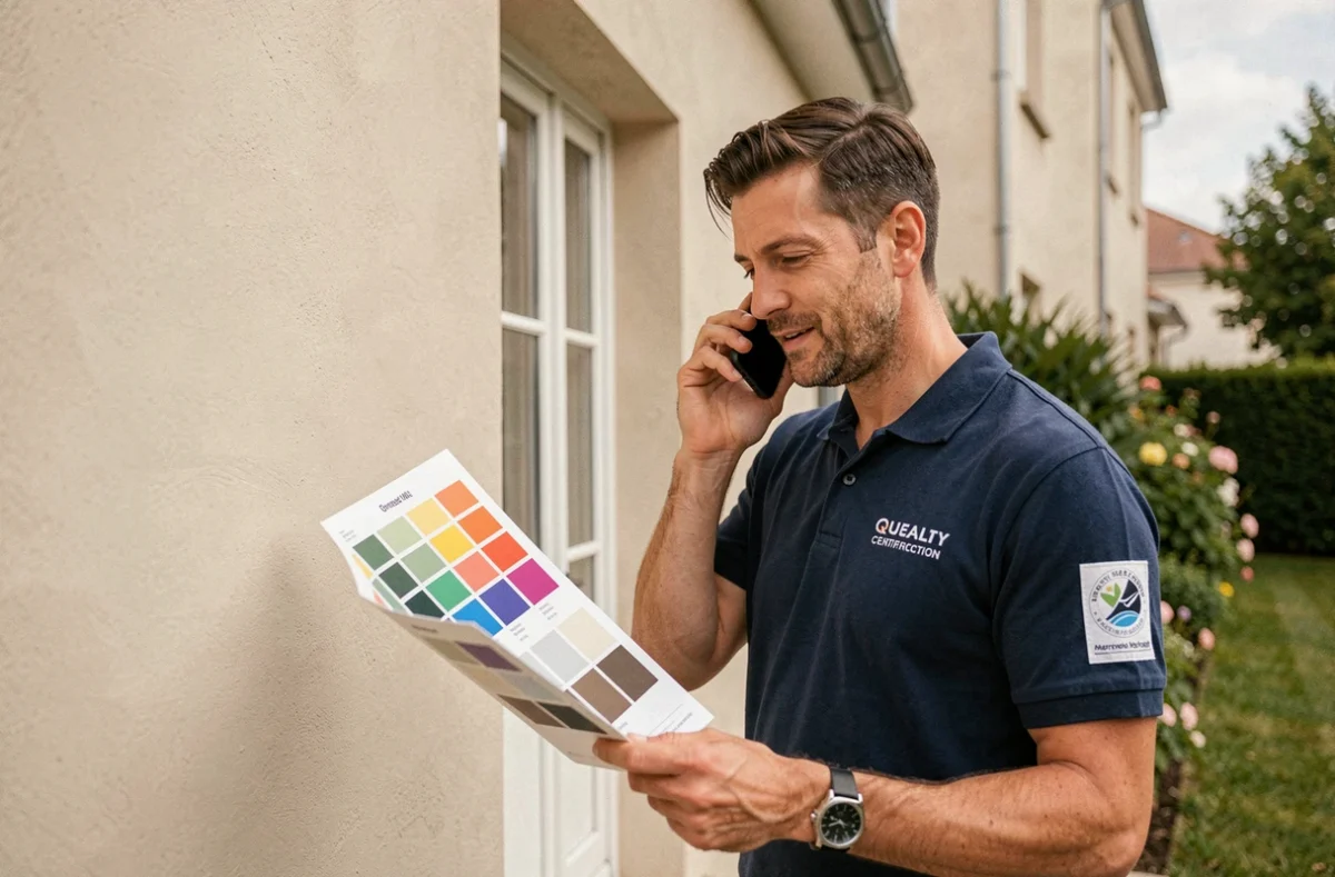 Peintre qualifié du réseau Quali-Box consultant un nuancier devant une maison parisienne fraîchement peinte en banlieue