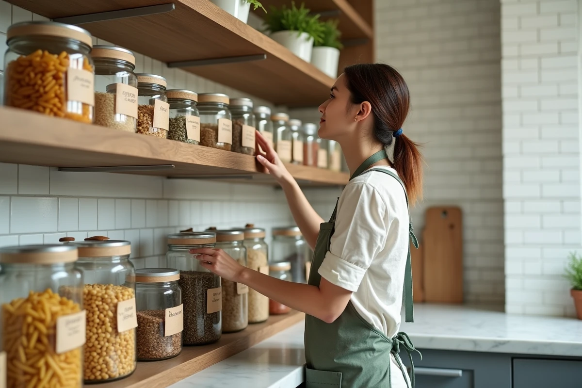 Femme organisant des bocaux en verre étiquetés sur des étagères en bois dans une cuisine moderne et rangée