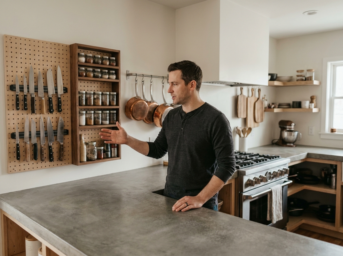 Homme présentant un rangement mural fonctionnel avec porte-couteaux magnétique dans une cuisine moderne