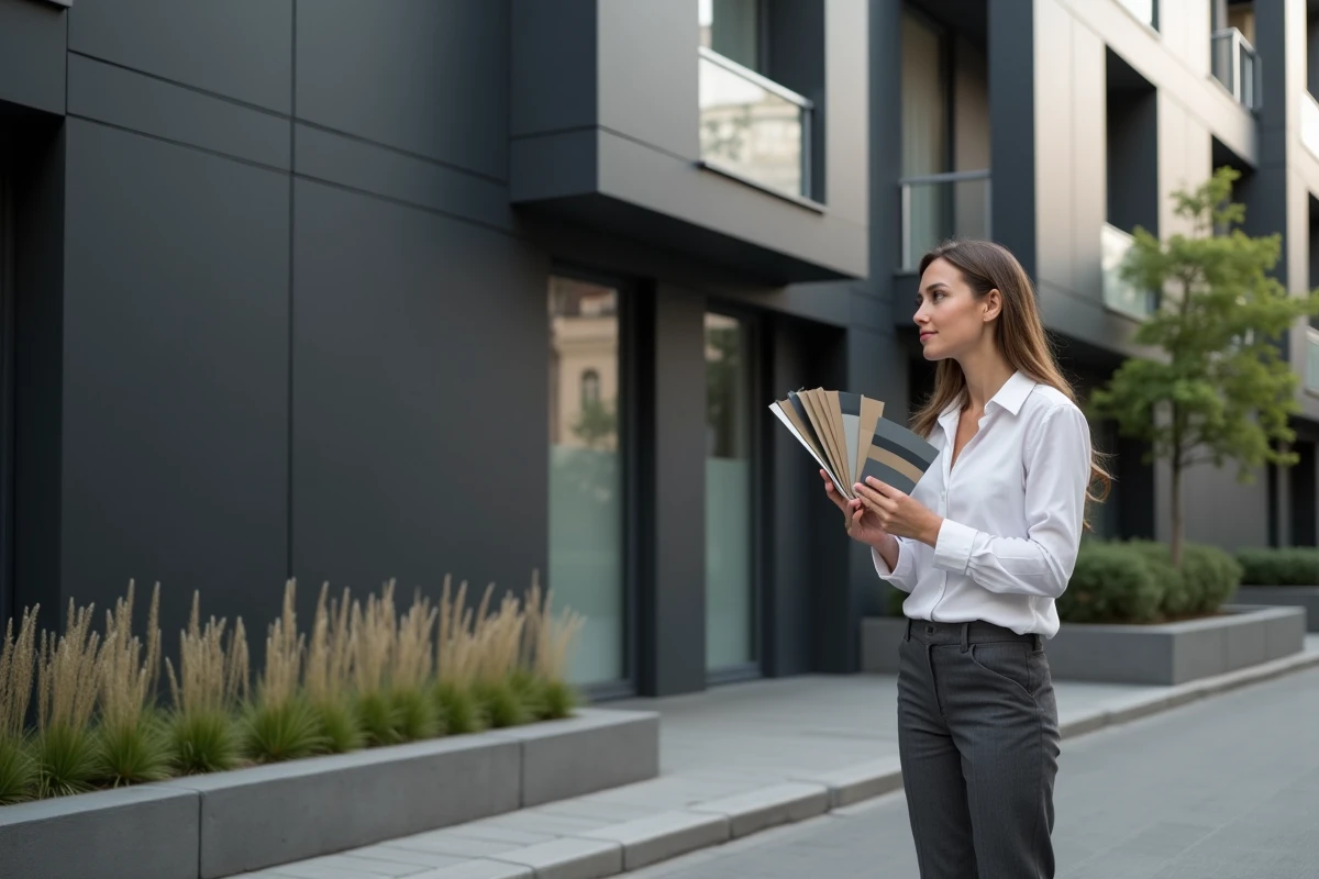 Architecte comparant des échantillons de couleurs tendance devant un immeuble rénové avec un enduit minéral anthracite moderne, thème ravalement contemporain