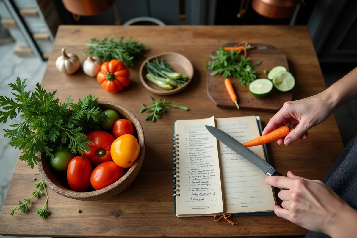 Préparation d'une recette maison avec légumes frais, planche à découper et carnet de recettes sur une table en bois rustique