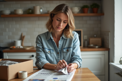 Femme emballant des morceaux de verre cassé avec soin