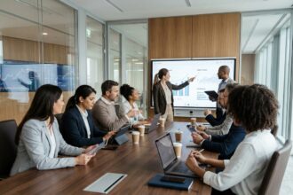 Groupe de professionnels en réunion collaborative moderne