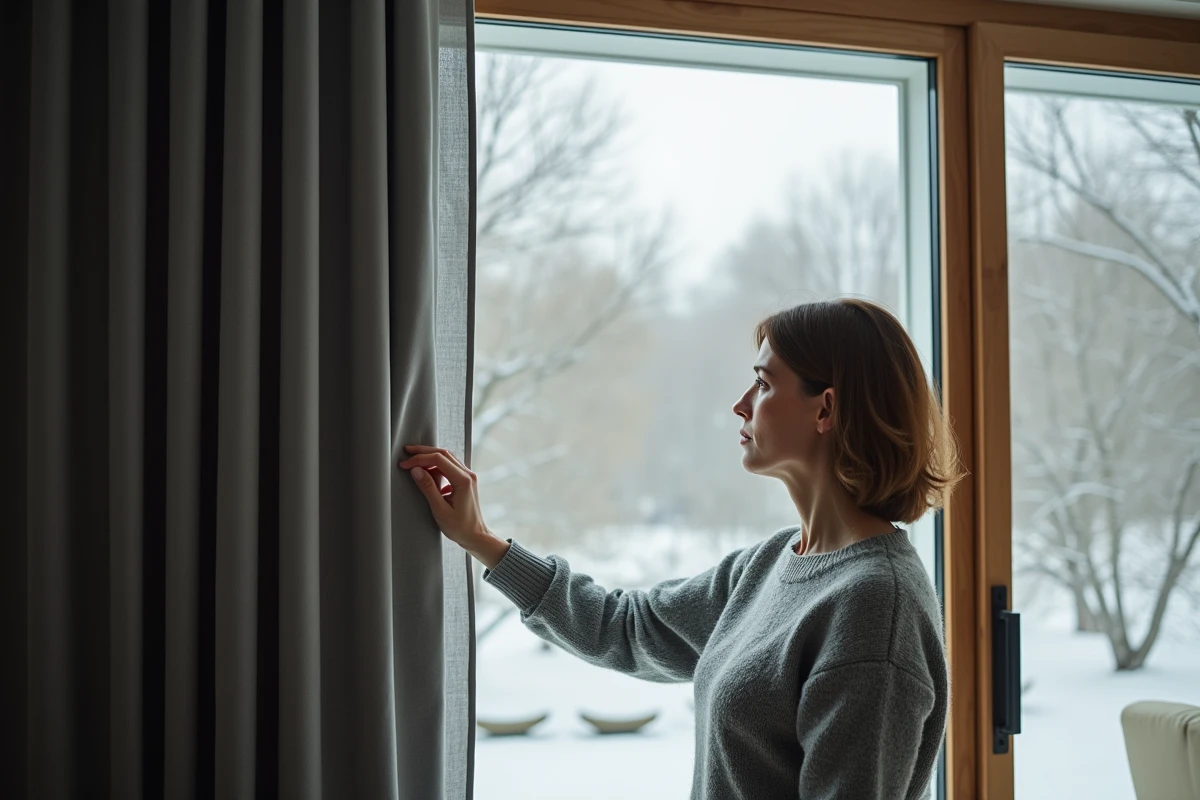 Femme touchant un rideau thermique occultant gris dans un salon moderne en hiver