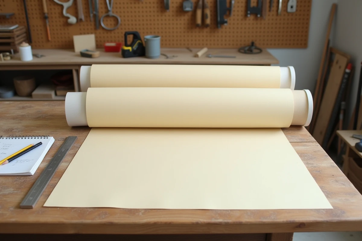 Rouleaux de papier peint et outils de mesure sur un établi de bricolage