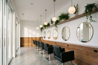 Salon de coiffure rénové avec éclairage design et mobilier minimaliste en bois et noir