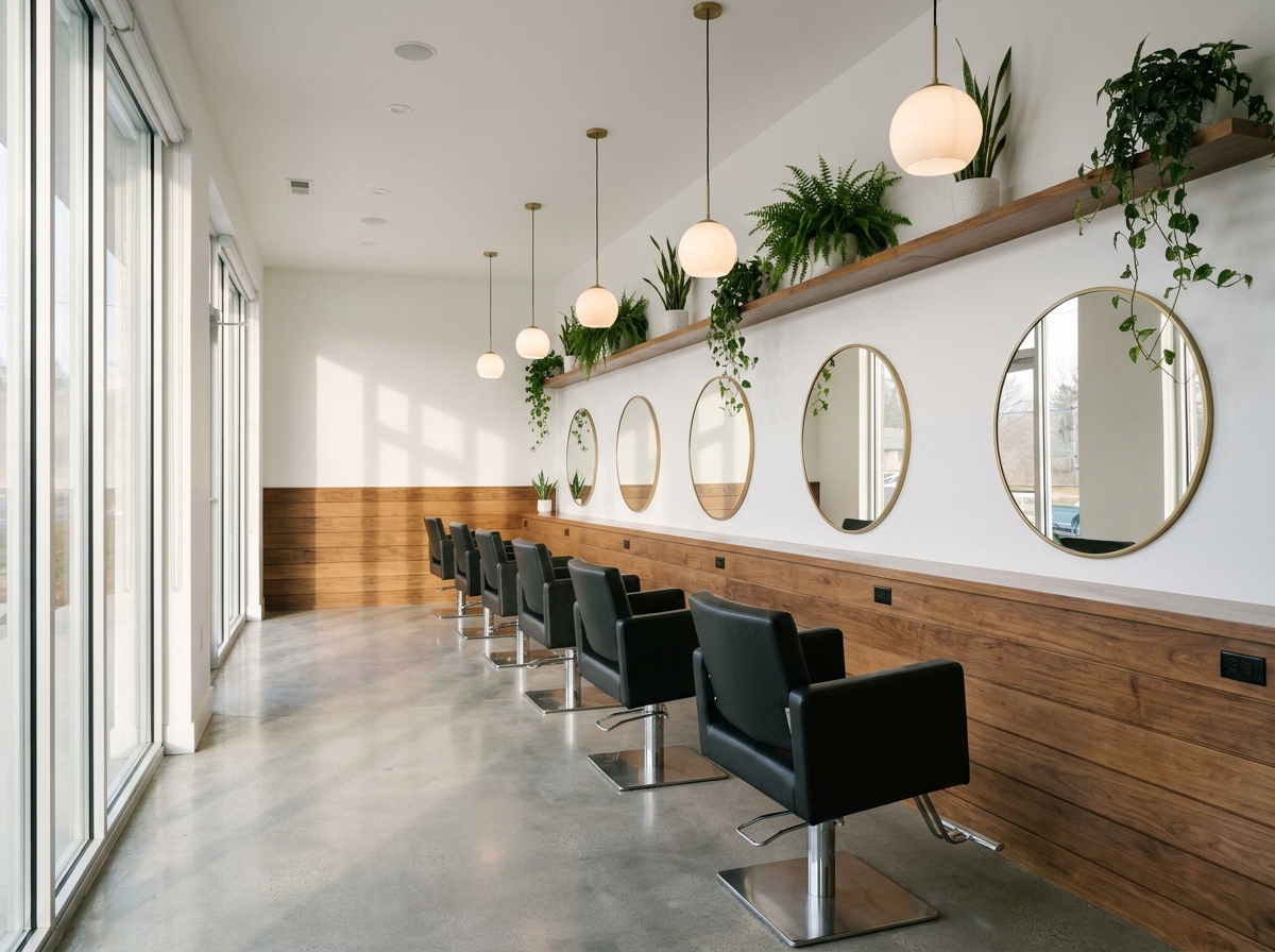 Salon de coiffure rénové avec éclairage design et mobilier minimaliste en bois et noir