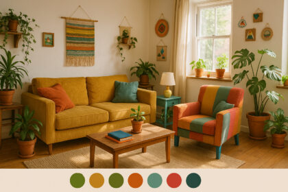 Salon chaleureux avec meubles colorés et plantes vertes