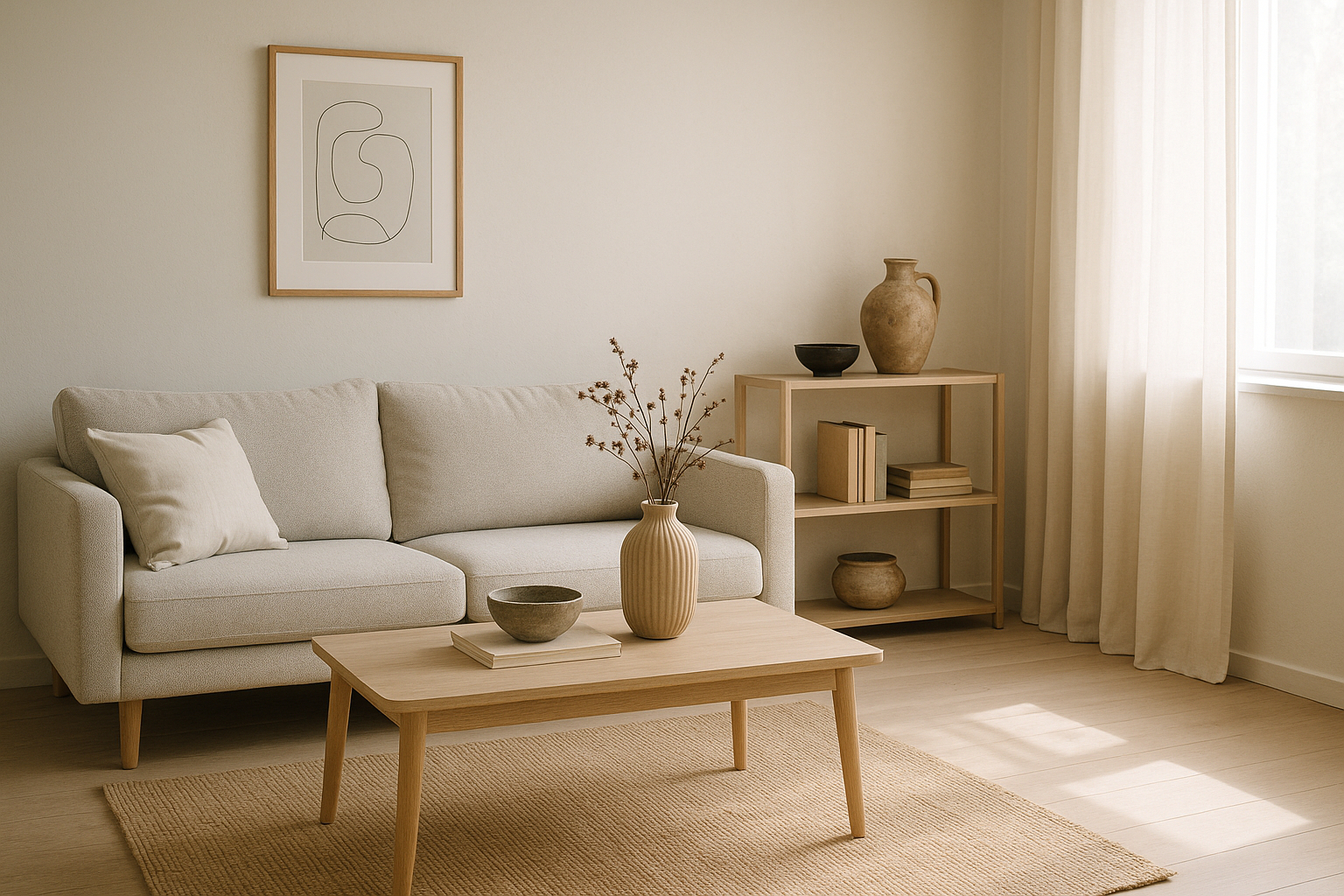 Salon moderne avec mobilier simple et décoration thrift