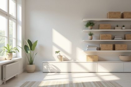 Salon lumineux et minimaliste avec rangements organisés
