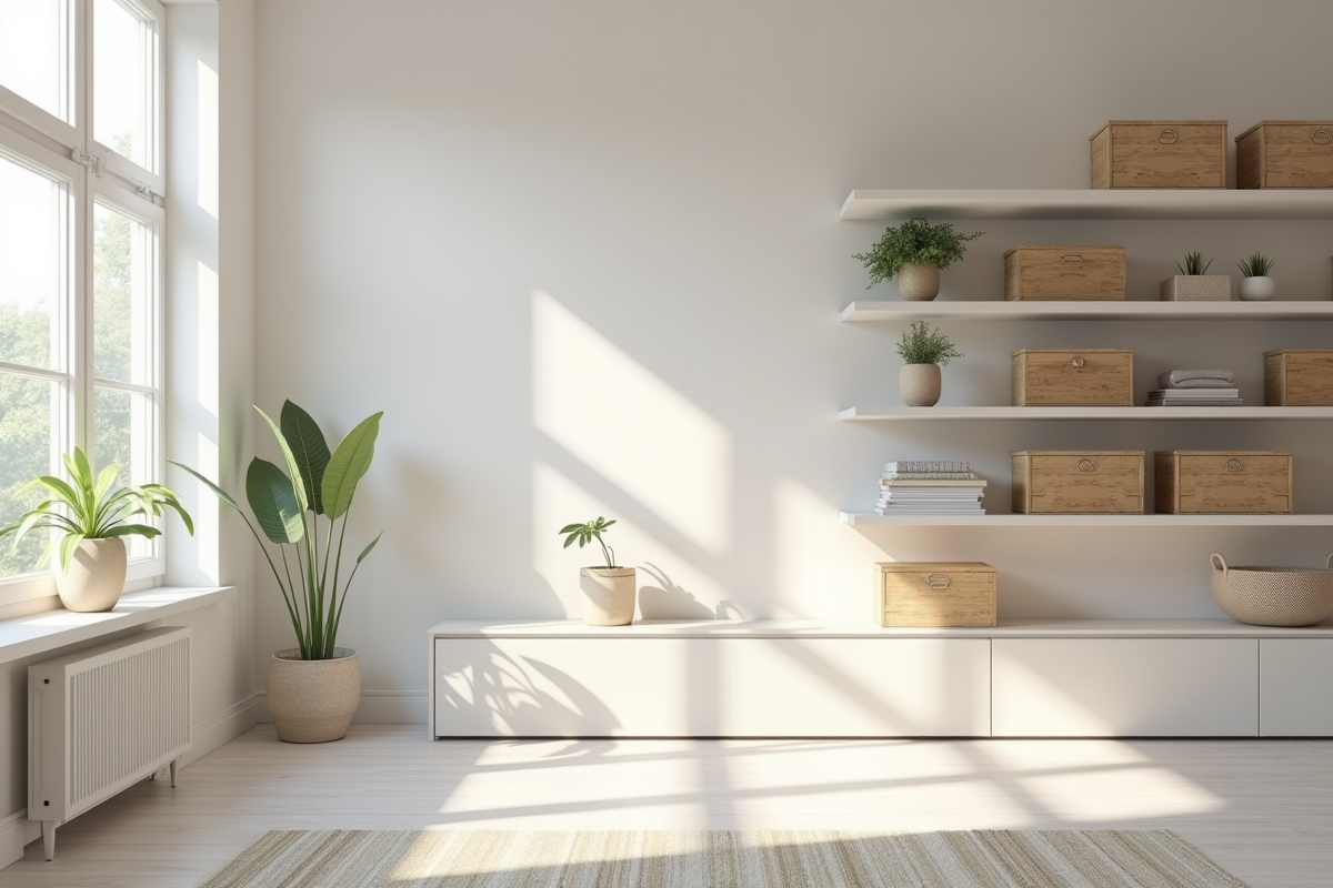 Salon lumineux et minimaliste avec rangements organisés