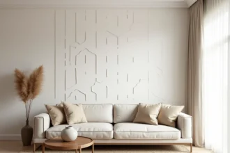 Salon moderne avec papier peint blanc texturé géométrique et canapé en lin ivoire, décoration tendance 2026