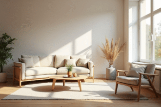 Salon scandinave lumineux avec mobilier minimaliste