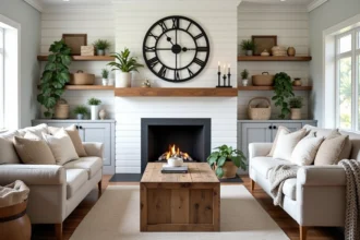 Salon de style ferme moderne décoré à la manière de Chip et Joanna Gaines avec murs en shiplap blanc, table basse en bois récupéré et coussins en lin neutre