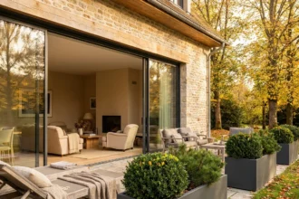 Salon ouvert sur une terrasse avec jardinières en acier dans un jardin automnal