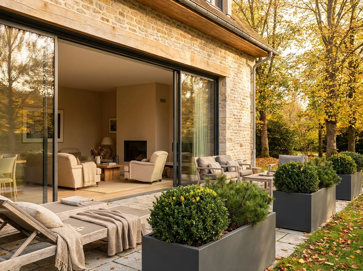Salon ouvert sur une terrasse avec jardinières en acier dans un jardin automnal