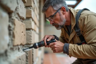 Artisan injectant de la résine de scellement chimique dans une paroi en pierre pour fixer un poteau de pergola