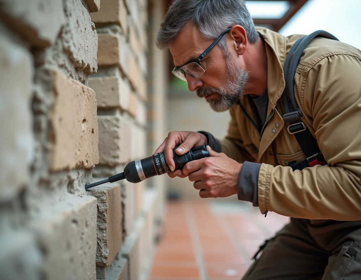 Artisan injectant de la résine de scellement chimique dans une paroi en pierre pour fixer un poteau de pergola