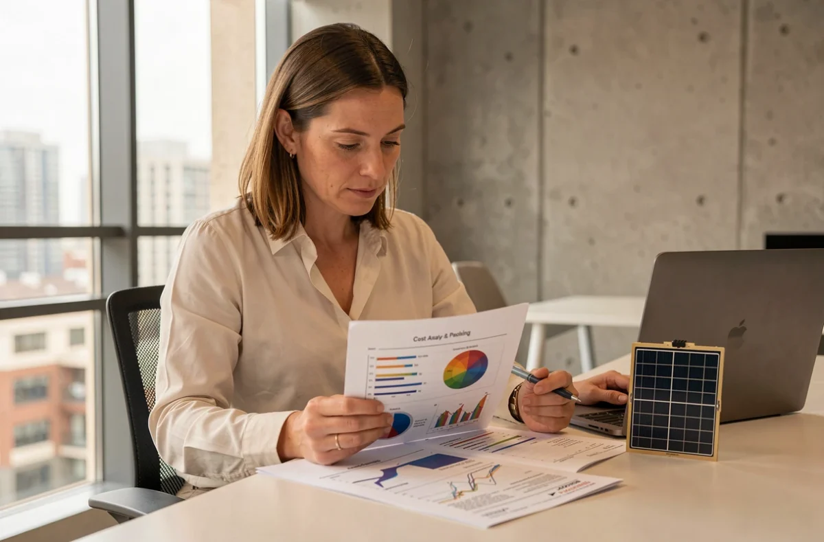 Scientifique analysant les coûts et spécifications techniques des panneaux solaires pérovskite dans un bureau moderne
