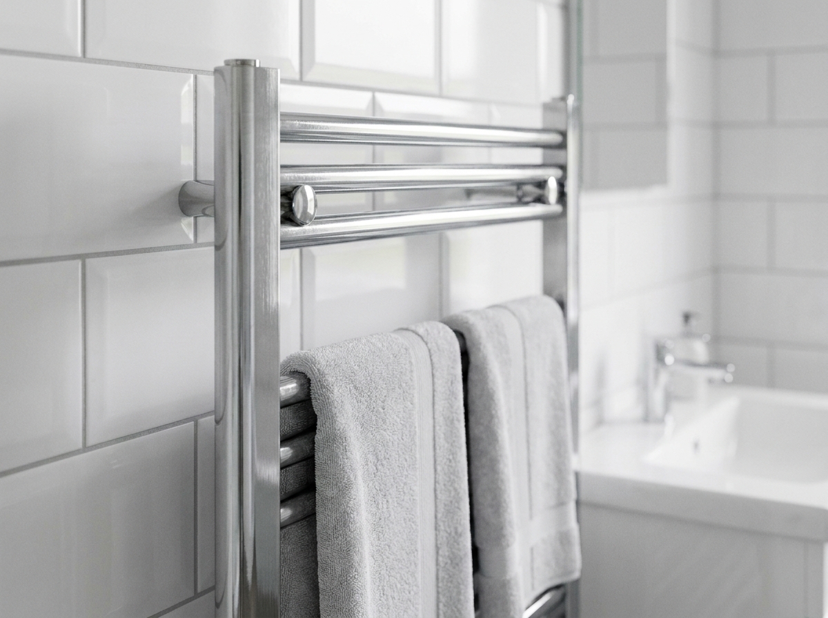 Sèche-serviettes chromé moderne monté sur un mur carrelé blanc dans une salle de bain contemporaine avec serviettes grises