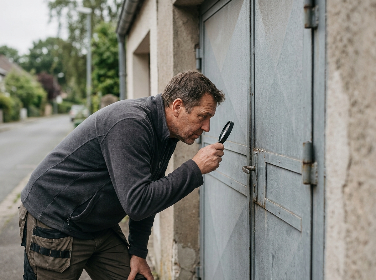 Un homme inspectant attentivement les mécanismes de sécurité et la serrure d'une porte de garage fermée
