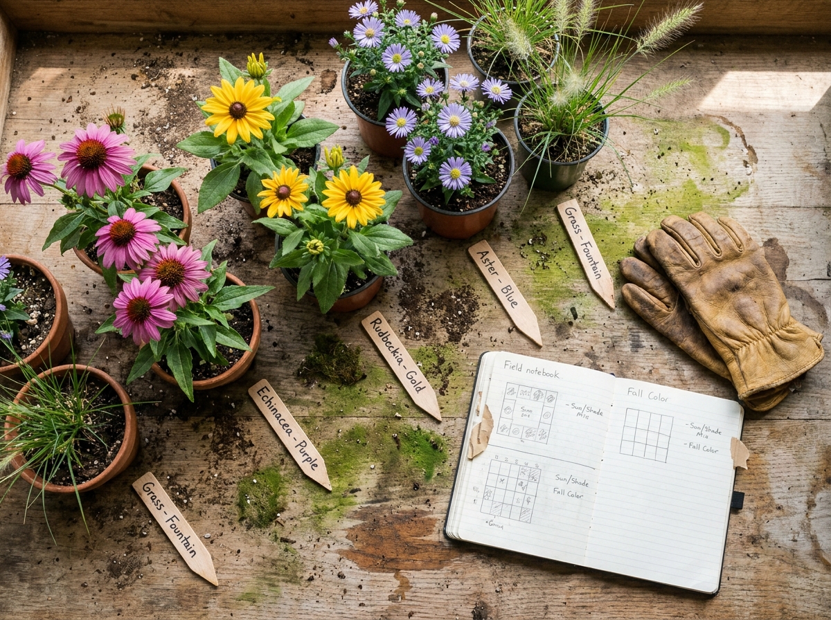 Sélection de plantes complémentaires pour prolonger les floraisons disposées sur un établi de jardinage