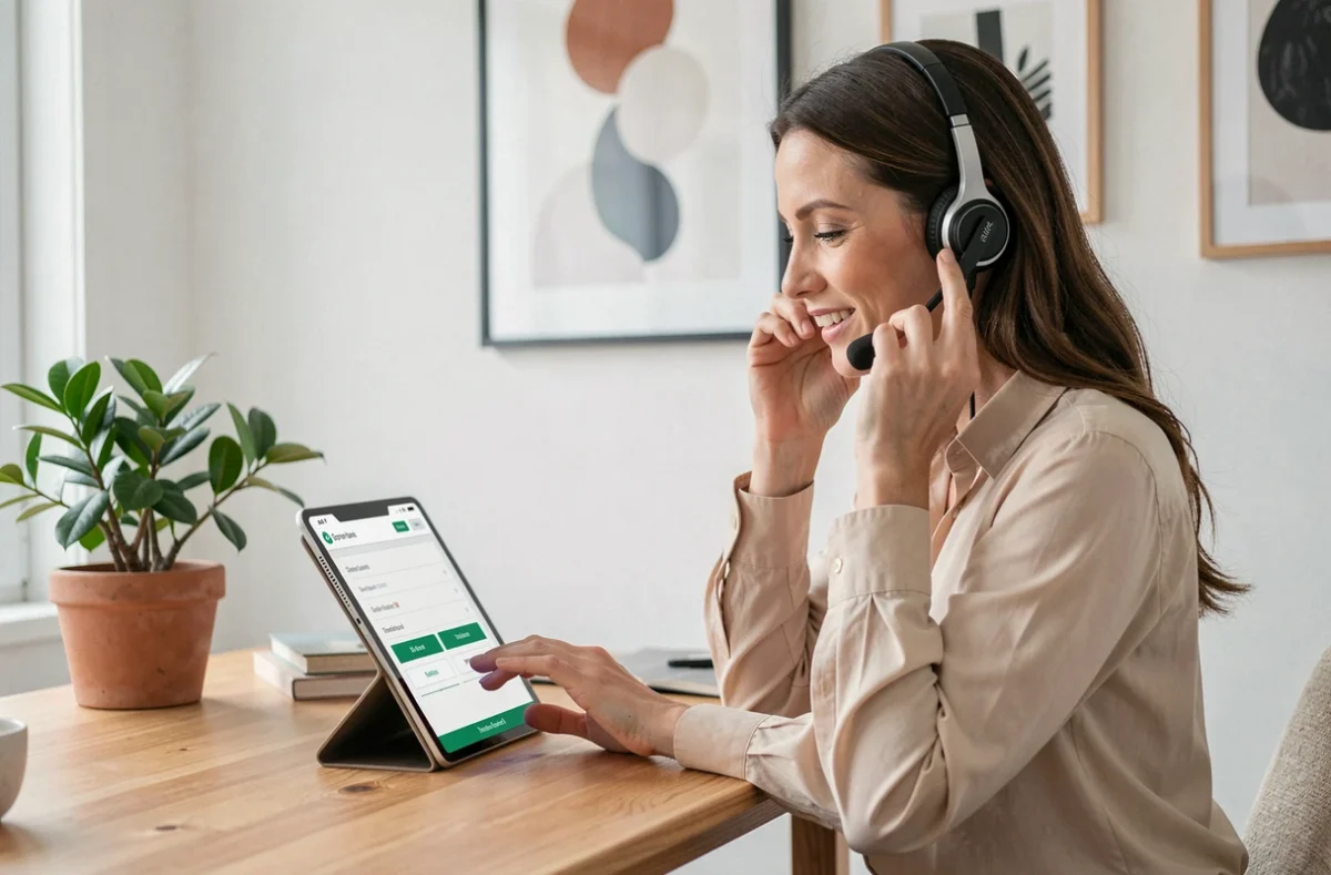 Conseillère d'un service à domicile en ligne traitant une demande de travaux sur tablette depuis un bureau moderne