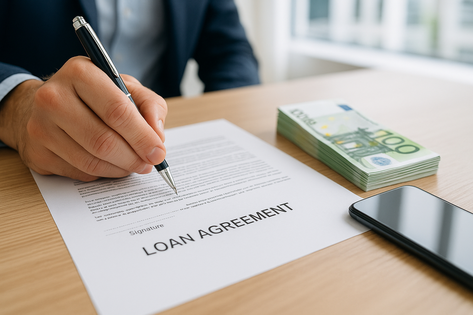 Main signant un contrat de prêt avec des billets euros