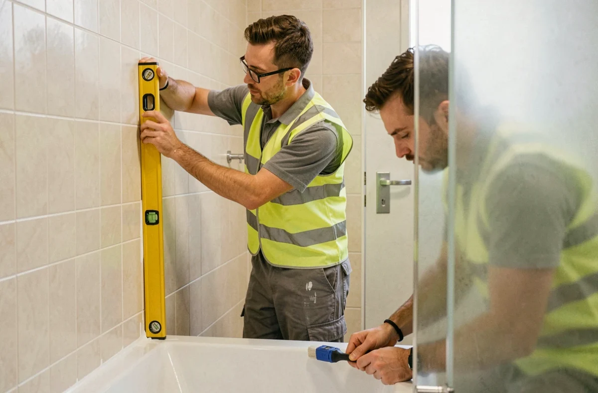 Deux techniciens de la Société d'Exploitation Bogen posant un receveur de douche à l'italienne dans une salle de bain mosellane