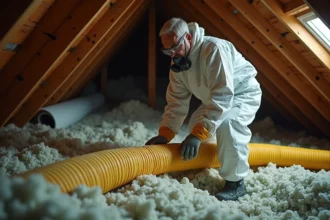Bricoleur en combinaison de protection soufflant de la ouate de cellulose dans les combles avec une machine de location