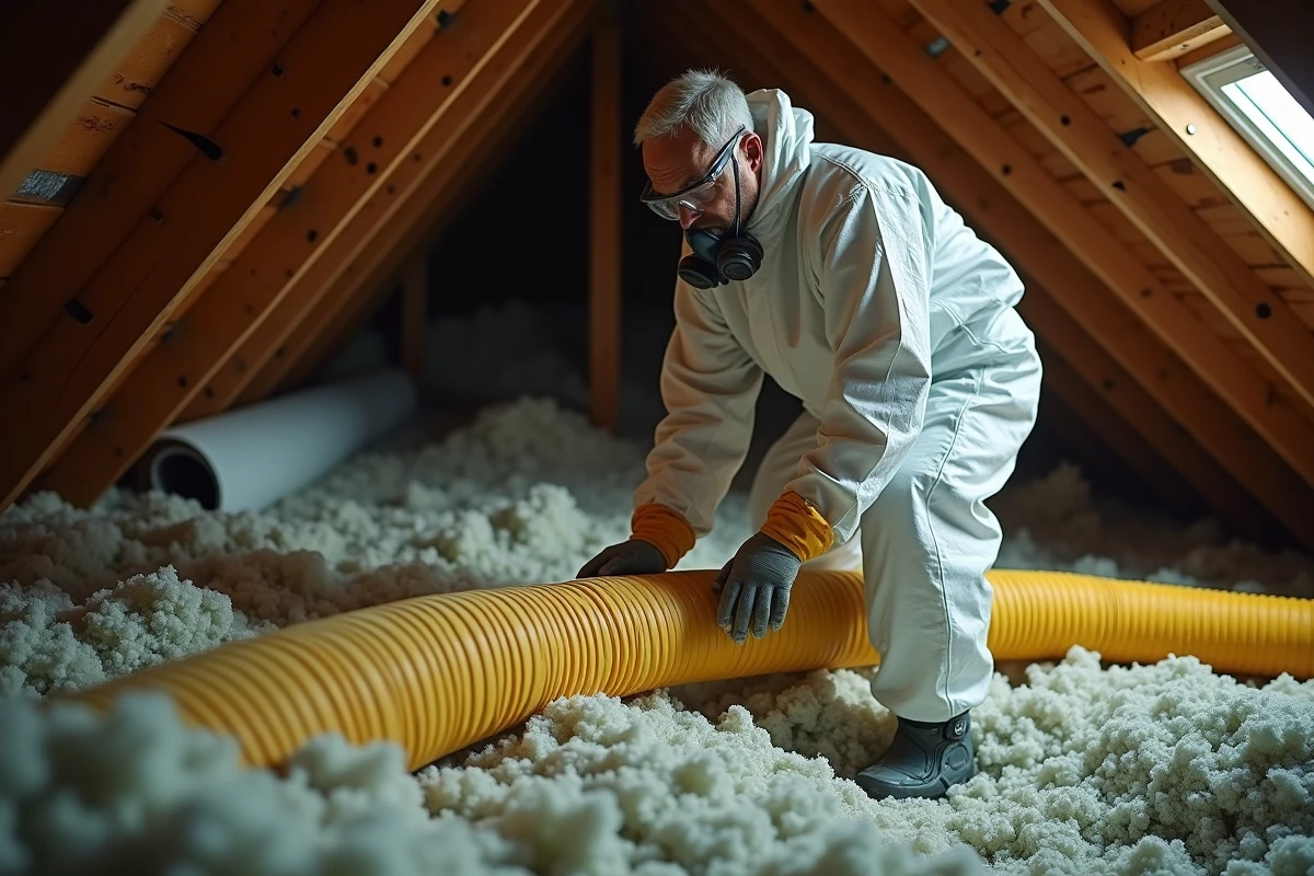 Bricoleur en combinaison de protection soufflant de la ouate de cellulose dans les combles avec une machine de location