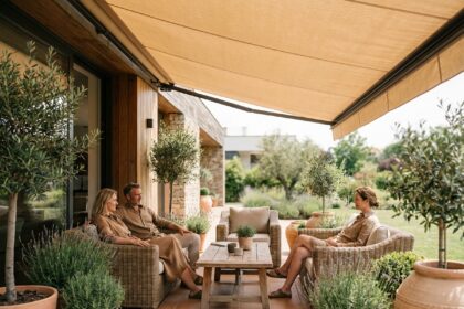 Couple se relaxant sous un store banne beige sur une terrasse moderne en été