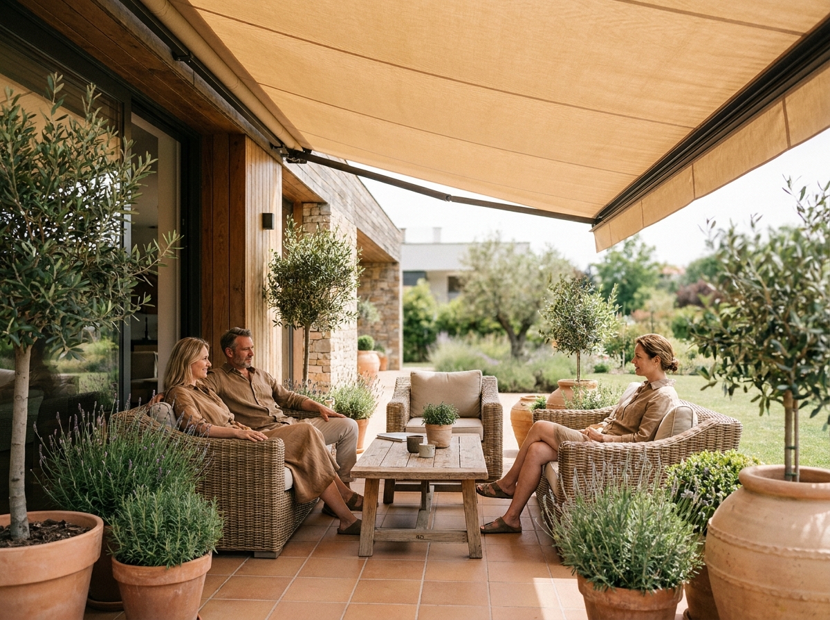 Couple se relaxant sous un store banne beige sur une terrasse moderne en été