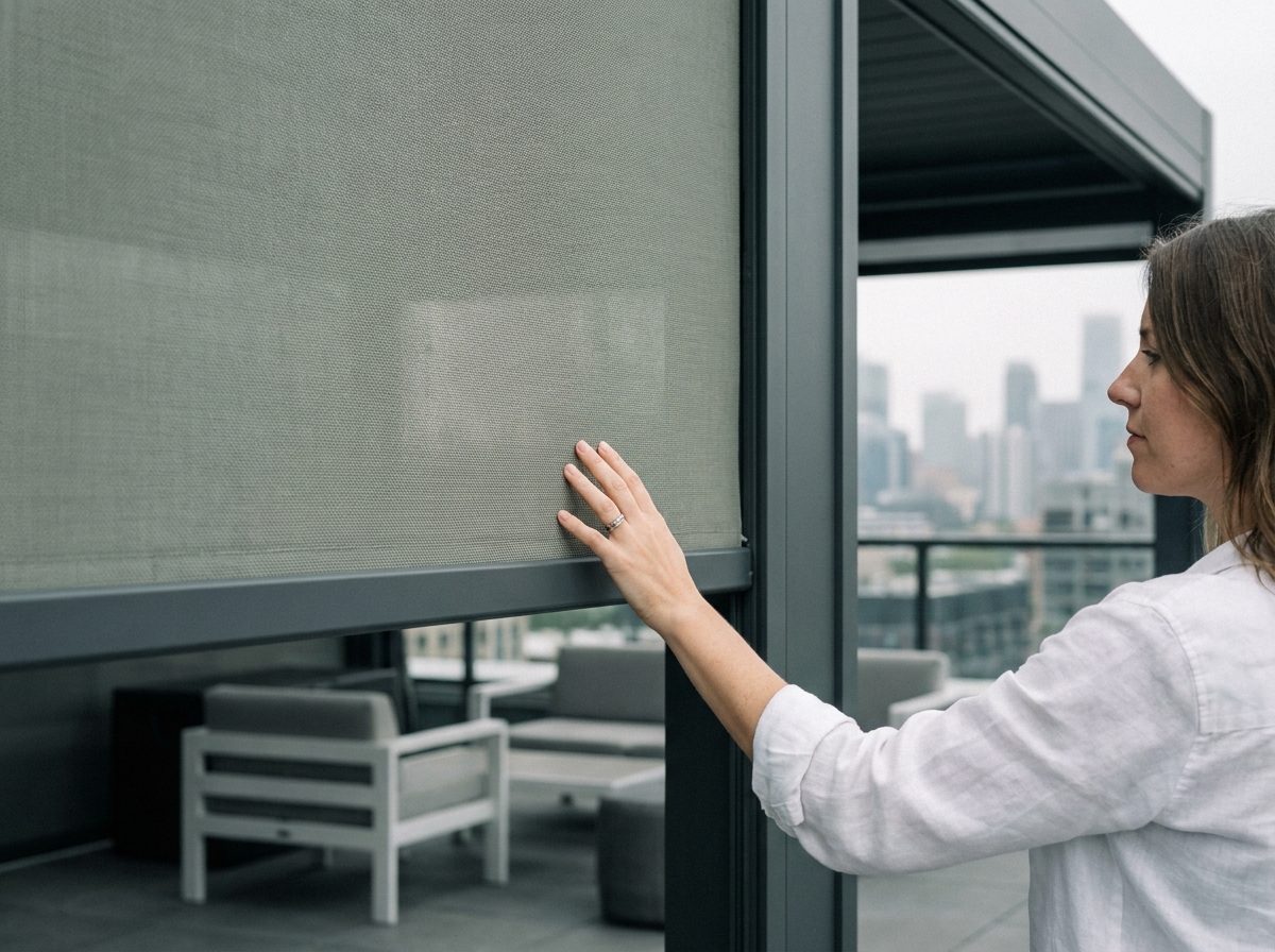 Femme examinant la qualité d'un store enrouleur sur une pergola de terrasse urbaine