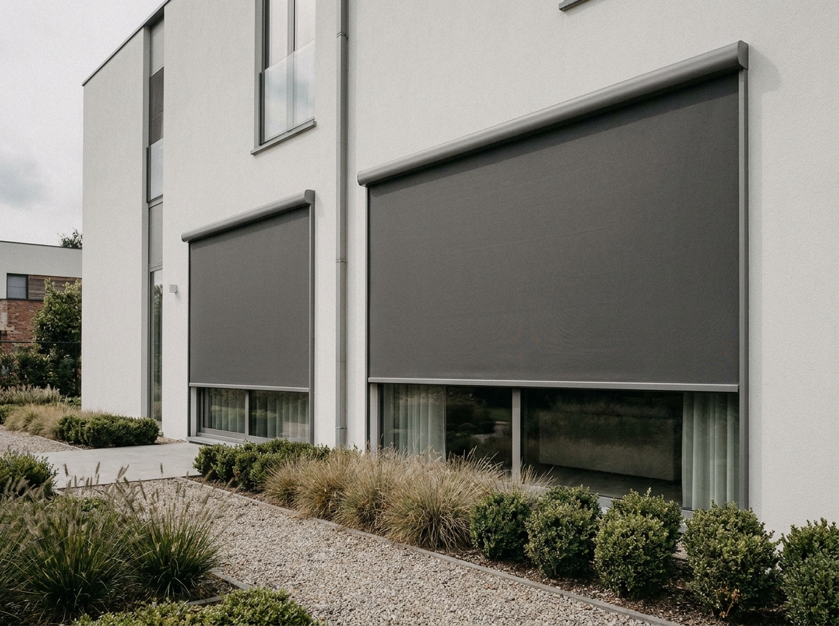 Store zip extérieur anthracite déployé sur façade de maison contemporaine avec grandes baies vitrées et jardin minimaliste