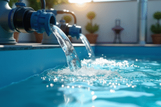Vue rapprochee d'un systeme de filtration piscine moderne en fonctionnement