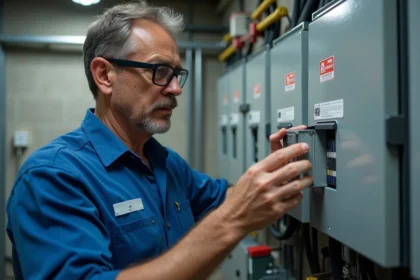 Technicien électrique en inspection d'un dispositif de protection