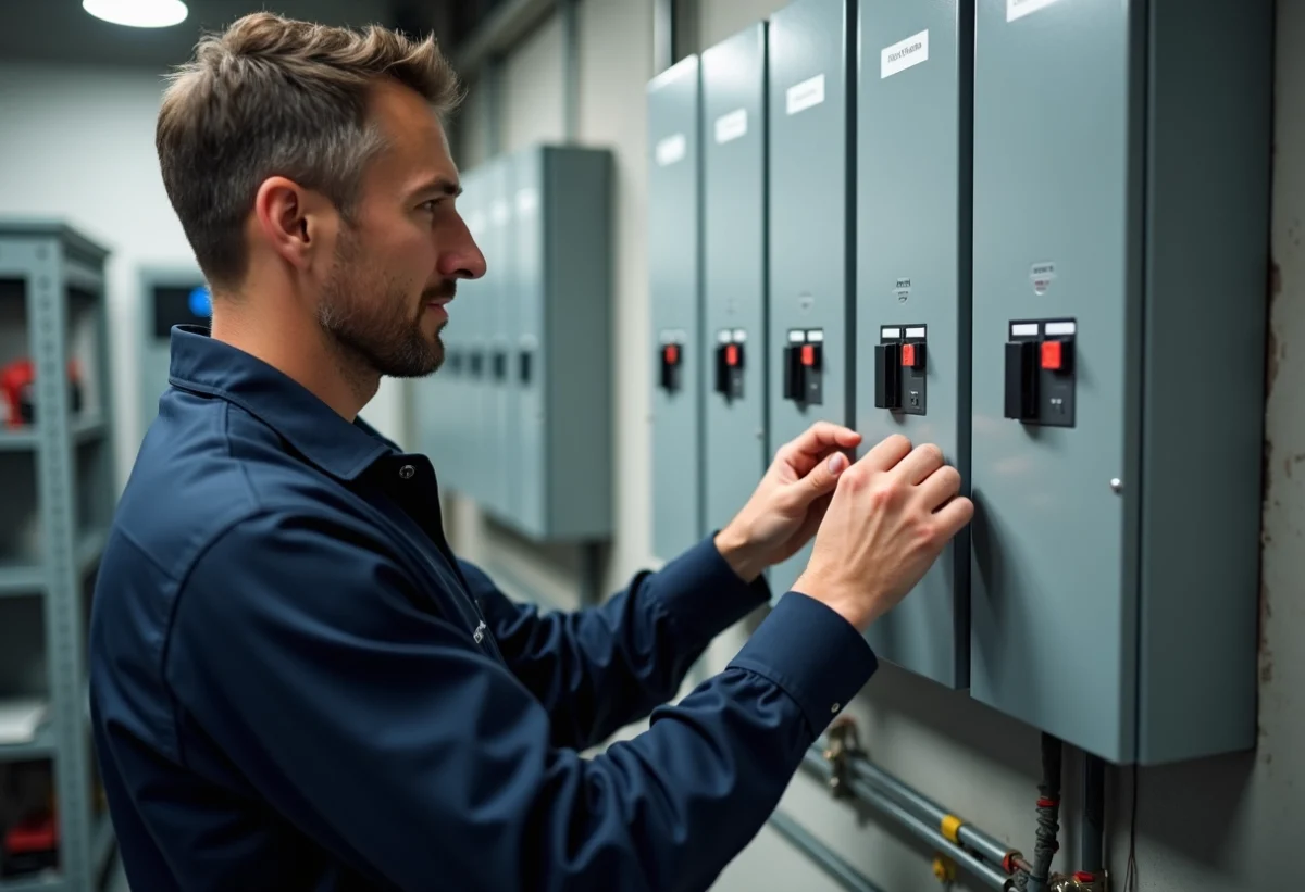 Technicien inspectant un panneau électrique moderne dans une salle lumineuse