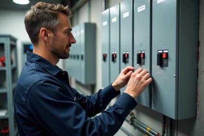 Technicien inspectant un panneau électrique moderne dans une salle lumineuse