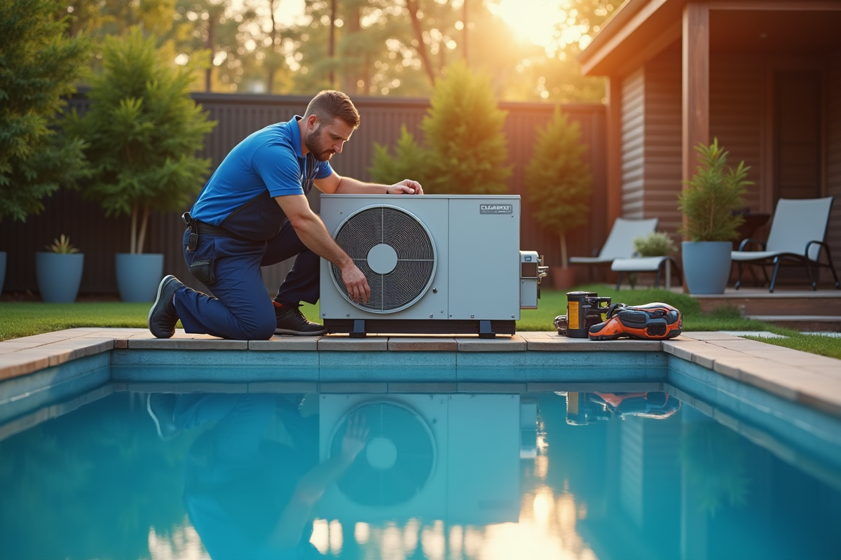 Technicien en maintenance de pompe à chaleur au bord de la piscine