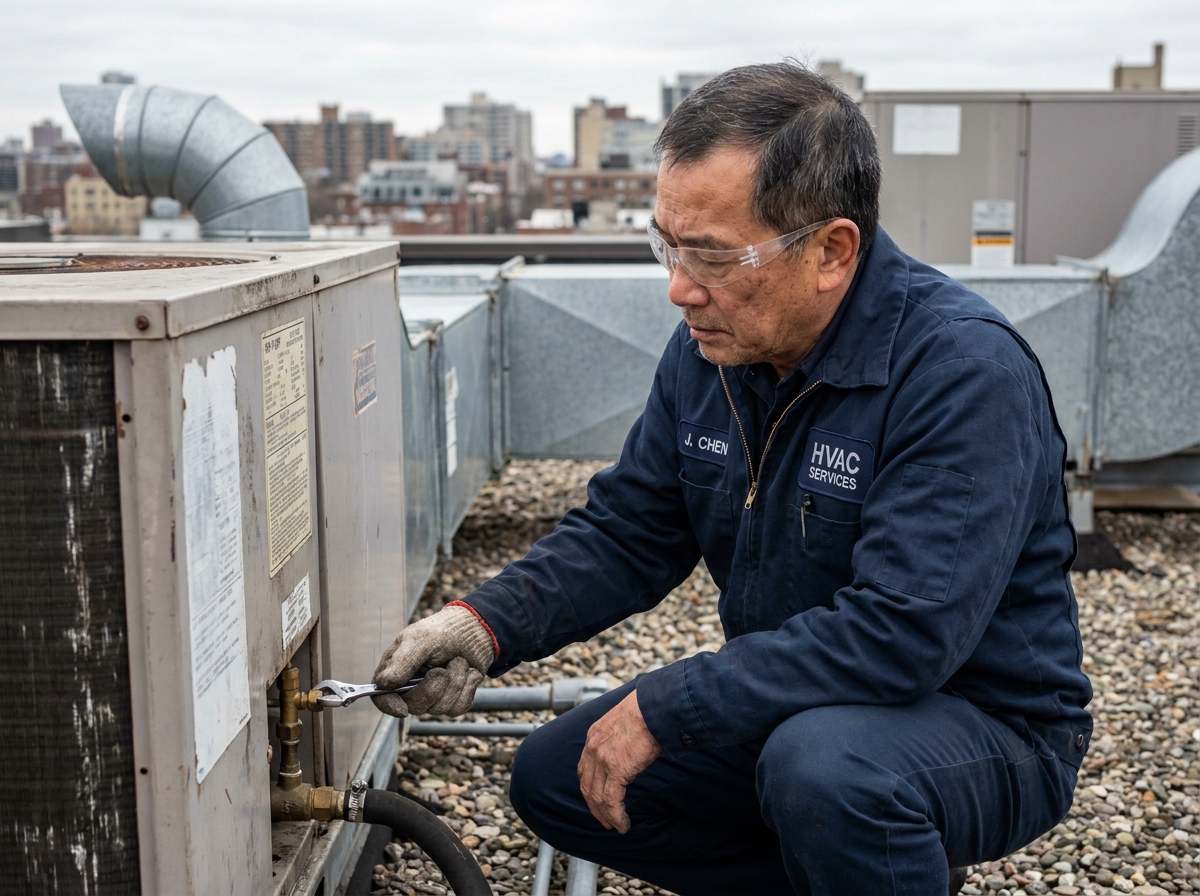 Technicien inspectant une pompe à chaleur sur un toit d'immeuble commercial en milieu urbain