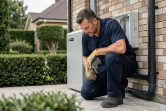 Technicien installant une pompe à chaleur air-eau sur la façade extérieure d'une maison individuelle