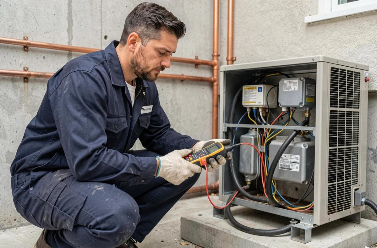 Technicien en train d'inspecter une pompe à chaleur air-eau lors d'une intervention de maintenance