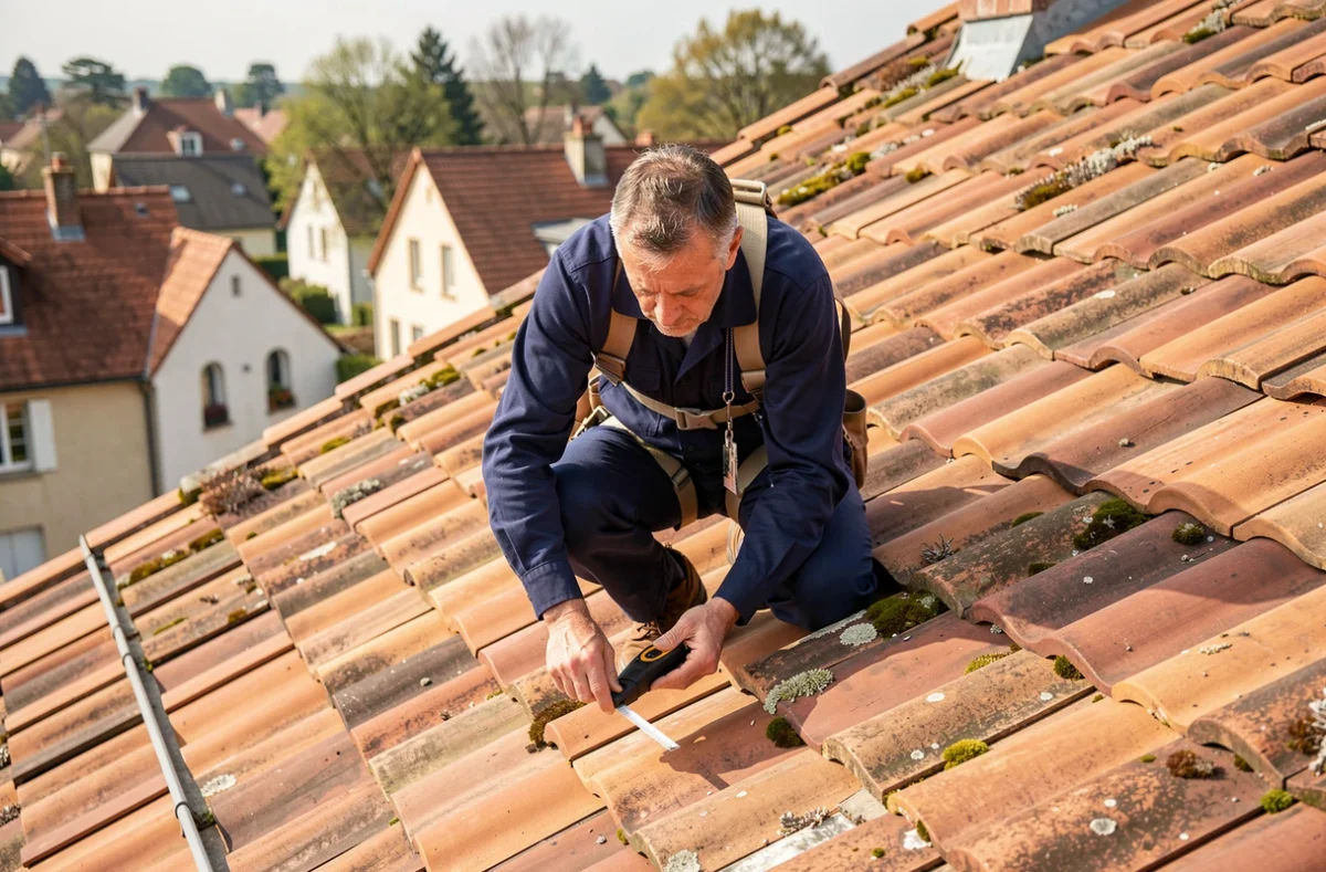 Technicien solaire mesurant la surface d'un toit en tuiles pour dimensionner des panneaux solaires